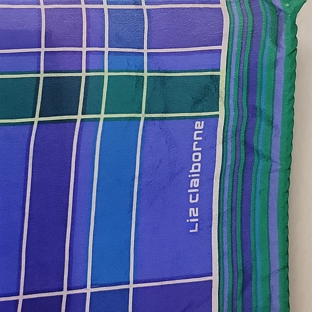 Liz Claiborne Silk Plaid Purple, Green, Blue Ablong Scarf 51" X 10" - Picture 2 of 6